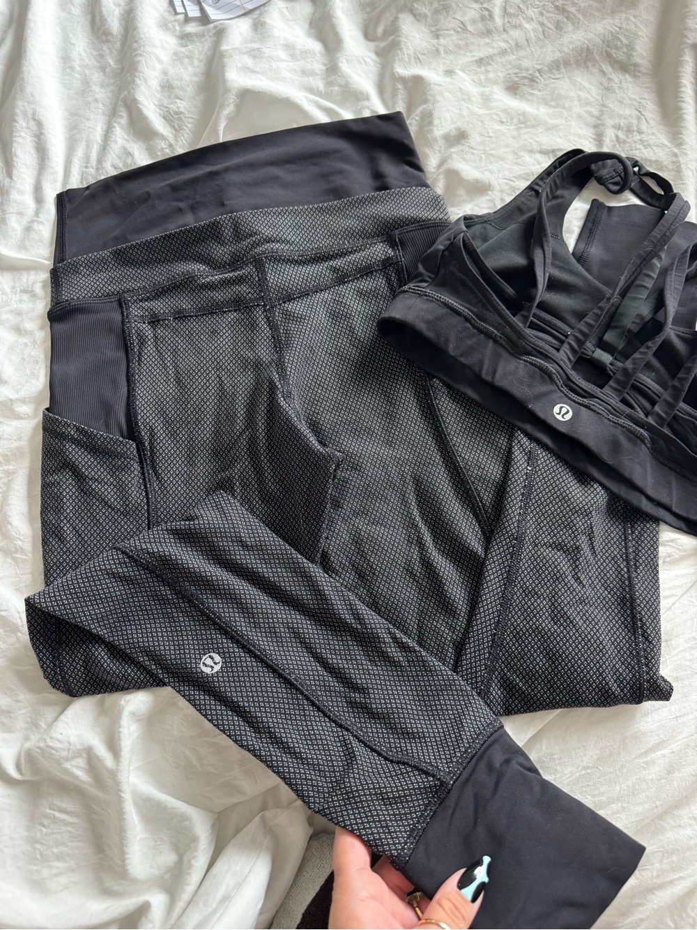 lululemon Black Textured Leggings and Strappy Sports Bra Set